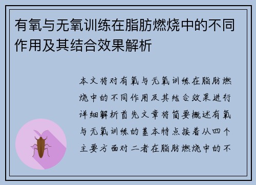 有氧与无氧训练在脂肪燃烧中的不同作用及其结合效果解析